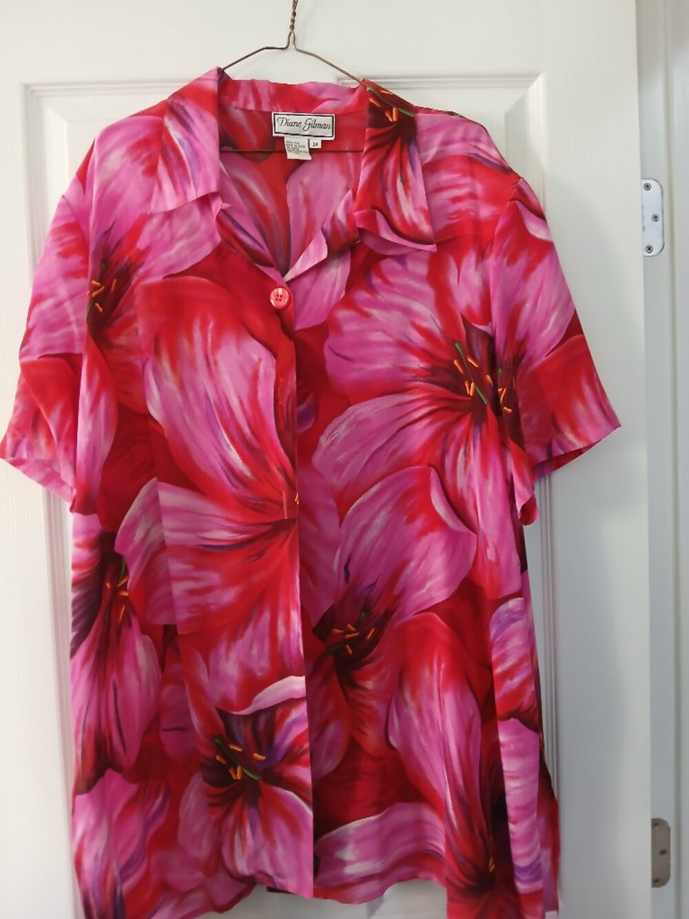 Diane Gilman Vintage 100% Silk Tropical Hibiscus Floral Button Down Blouse 2X